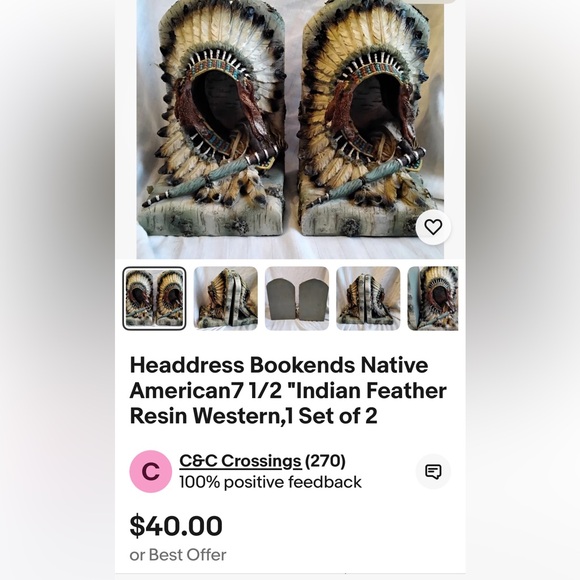 Headdress Bookends Native American7 1/2 "Indian Feather Resin Western,1 Set of 2 - Picture 15 of 15